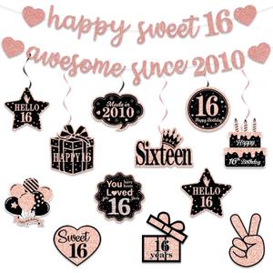 Pre-Strung Sweet 16 Party Banner Decorations, Happy 16th Birthday Decorations for Girls, Rose Gold Awesome Since 2010 Sixteen Years Bday Party Supplies Decor
