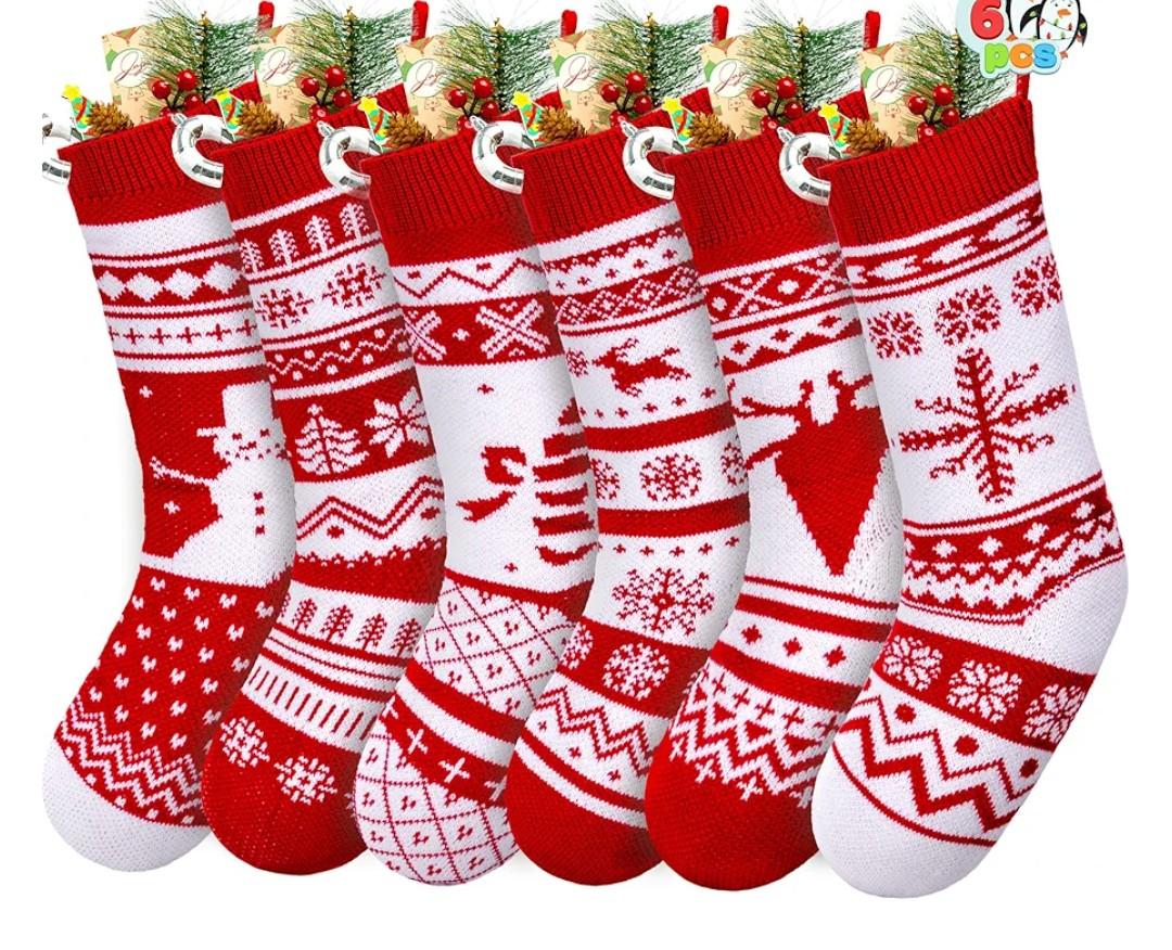 JOYIN 6 Pack 18" Christmas Knit Stockings, Large Rustic Yarn Xmas Stockings Bulk, Cable Knit Xmas Stockings with Snowflake Snowman Reindeer Character for Christmas Tree Fireplace Holiday Decorations