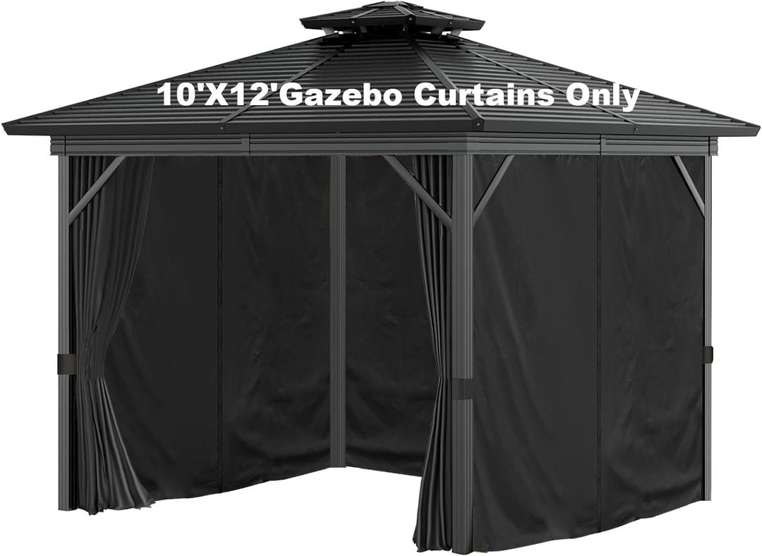 Gazebo Curtains 10'x12' Outdoor Waterproof, 4-Panels Sidewall Curtains Universal Replacement with Zipper for Patio, Backyard, Garden (Black, 10'x12')