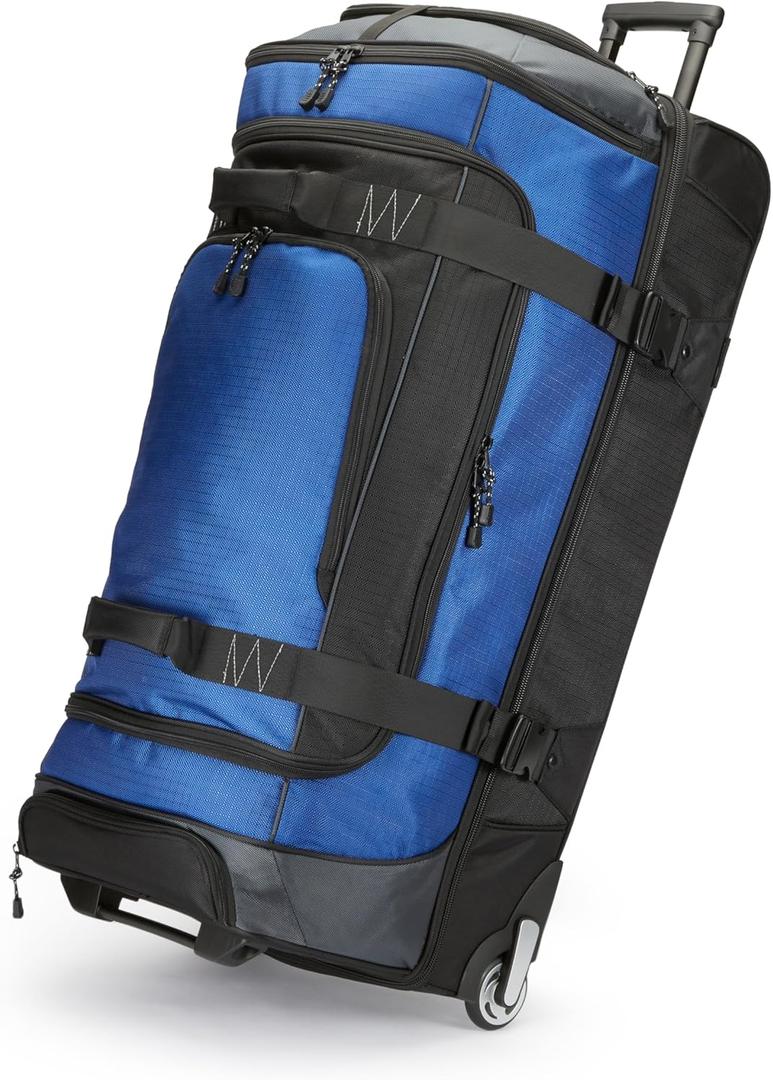 Amazon Basics 35-Inch Large Rolling Duffel Bag for Travel with Wheels and Handle, Durable Ripstop Polyester, 2 Layers of Space, Multiple Interior and Exterior Pockets, Blue