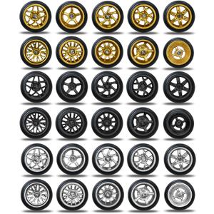 28 Set 1/64 Wheels and Tires Kit, 1:64 Scale Model Hot Wheel Rims Rubber Tires Black/Silver/Gold Color Replacement Accessories for Model Cars Upgraded and Modified