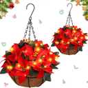 HyDren 2 Pack Pre Lit Artificial Poinsettia Flowers Christmas Hanging Basket 2 Pcs Colorful LED String Lights for Indoor Outdoor Garden Patio Porch (Red)