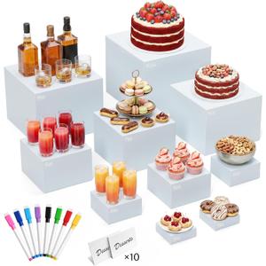 10 Pcs White Acrylic Buffet Risers with Mini Sign and Marker, Food Risers Display Stands for Buffet Table Party Catering Dessert Jewelry Collectibles,Acrylic Cube Nesting Boxes with Hollow Bottoms 8 Sizes (10" 9" 8" 7" 6" 5" 4" 4" 3" 3")