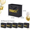 EQOREIIN 30 Pack 5 Senses Gift Bags for Him Her,5.5x 2.5x4.7 Inch Sight Smell Touch Taste Sound Small Gift Bags with Handle for Men Birthday, Anniversary, Mother's Day, Valentine's Day(Black Gold)