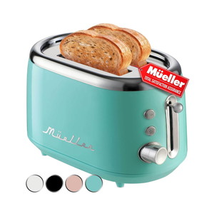 MÜELLERHOME Retro Toaster 2 Slice, 7 Browning Levels, 3 Functions (Reheat, Defrost, Cancel), Stainless Steel Features, Removable Crumb Tray, Under Base Cord Storage, Turquoise