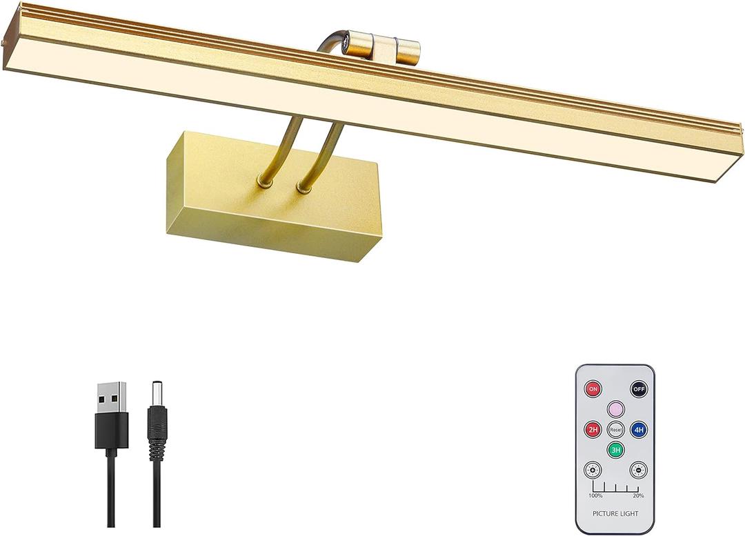 FUNCHDAY Picture Light,Battery Operated Art Lights for Wall,Wireless Remote Painting Light with Timer and Dimmable,16Metal Display Lighting for Artwork,Portrait,Gallery-Gold-L (L Size 16")