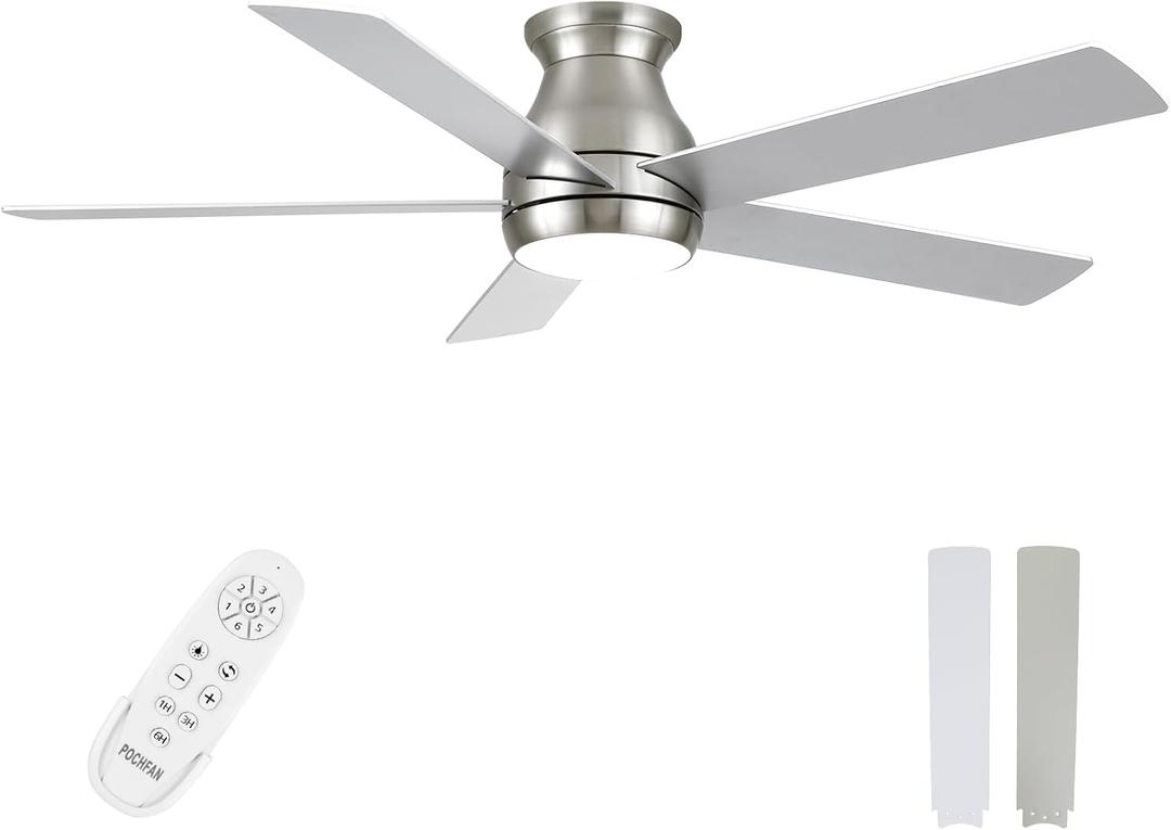 52 Inch Brushed Nickel Ceiling Fans with Lights and Remote, LED Low Profile Flush Mount Ceiling Fan for Bedroom, Living Room,Patio, Quiet DC Motor, 5 Blades