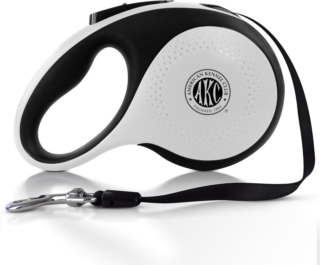 American Kennel Club Retractable Dog Leash, 16.4ft, Tangle-Free, Ergonomic Grip, One-Hand Brake, for Medium & Large Dogs up to 110 lbs (White/Black)