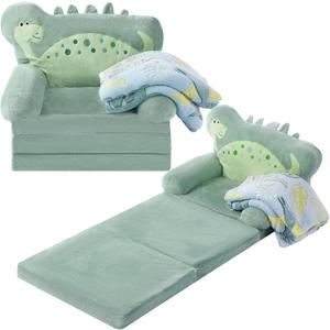 Burbell Dinosaur Kids Couch Fold Out 2in1 Toddler Sofa Fold Out, Soft Toddler Chair Comfy for Boys Girls Baby, Convertible Sofa to Lounger for Napping Reading Playing Christmas, Green