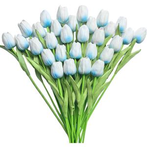 30 PCS Artificial Tulips Real Touch Tulips 13.5inch Long Stem Fake Flowers Silk Flowers for Spring Easter Mother's Day DecorationsWhite+Light Blue
