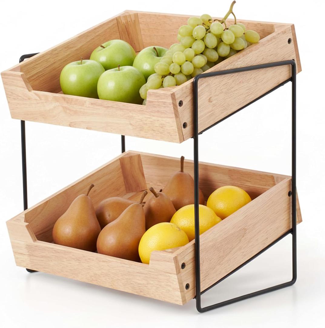 LIBKEN 2-Tier Fruit Basket Countertop Organizer Rubberwood & Metal Fruit Stand Minimal Scandinavian Design Storage for Fruits, Vegetables, Bread & Snacks Airflow Design, Easy Assembly