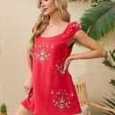 Linen Mini Cute Dress Women Floral Embroidered Dress with Crew Neck and Sleeveless Casual Guest Vintage Dresses (Red, M)