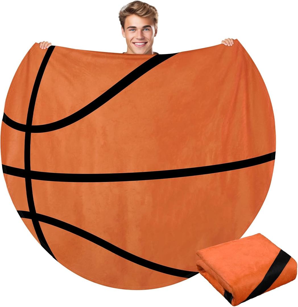 60" Round Sports Throw Blanket for Teens Adults Soft Flannel Baseball Softball Tennis Soccer Baseketball Volleyball Novelty Blanket for Sports Fan Birthday Senior Night Gift(Basketball)