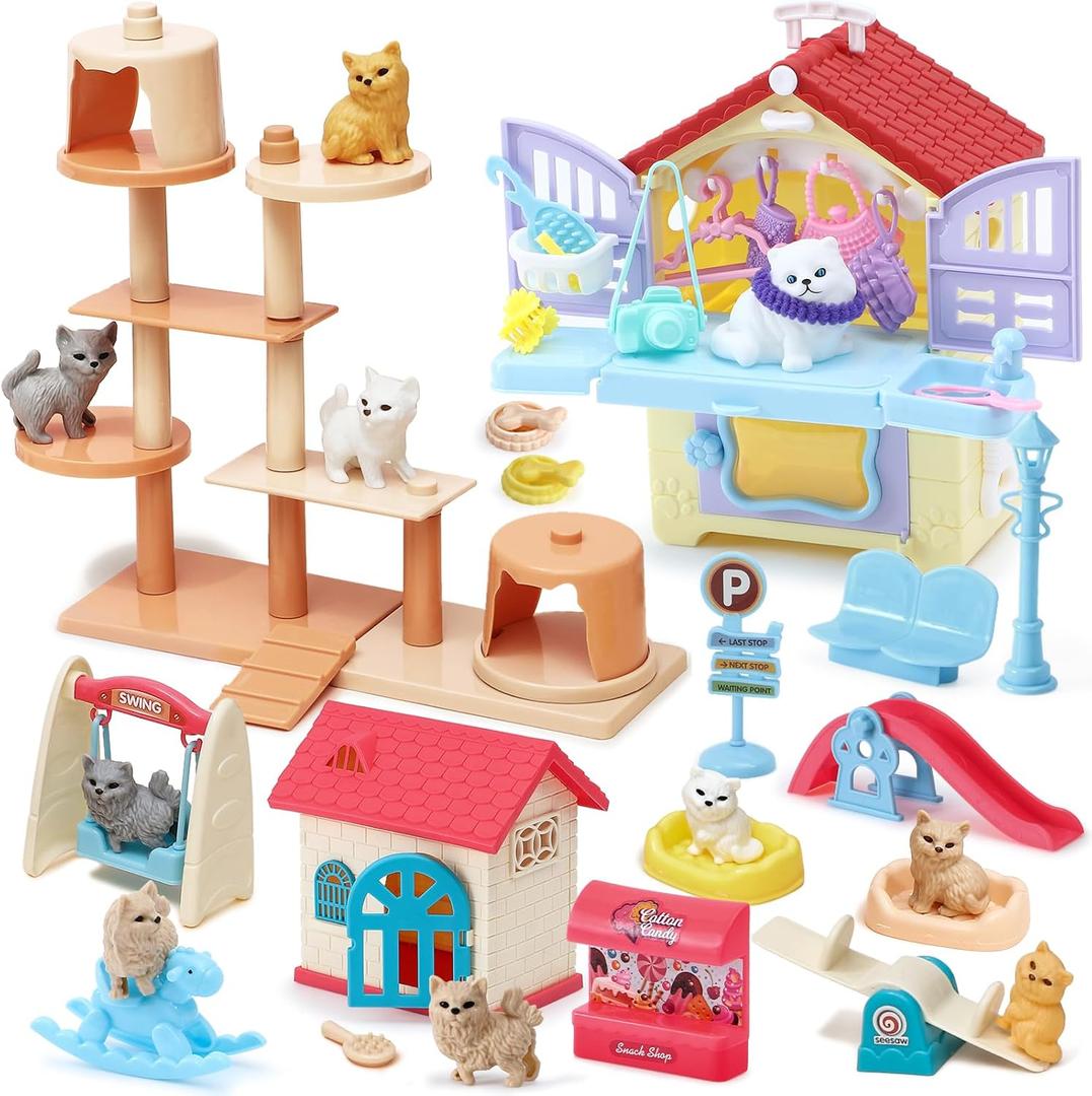 Golray 66Pcs Cat Toys for Kids Girls, 3 In 1 Pet Pretend Play Toys with 9 Cat Figurine/DIY Cat Tree/Beauty House/Playground, Toddler Cat Figures Pet Care Birthday Preschool Girl Boy Gift Age 4 5 6 7 8