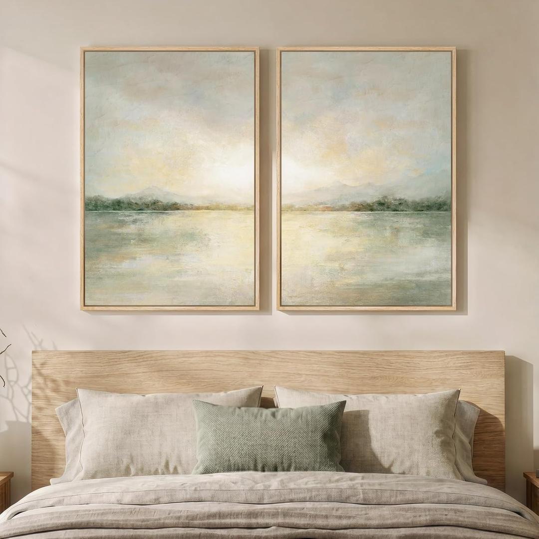 Framed Sage Green Abstract Landscape Wall Art for Living Room, Set of 2, 20" W x 30" H x 2Pcs