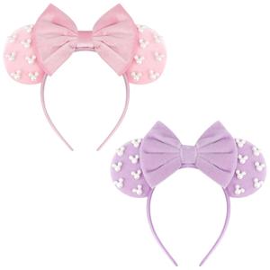 DRESHOW Mouse Ears Headbands for Women Girls Pearl Hairbands Bow Head bands Velvet Head band Christmas Cosplay Costume Princess Party Decorations Halloween & Disney Trip (2 Pcs Pearls Style: Pink, Purple)