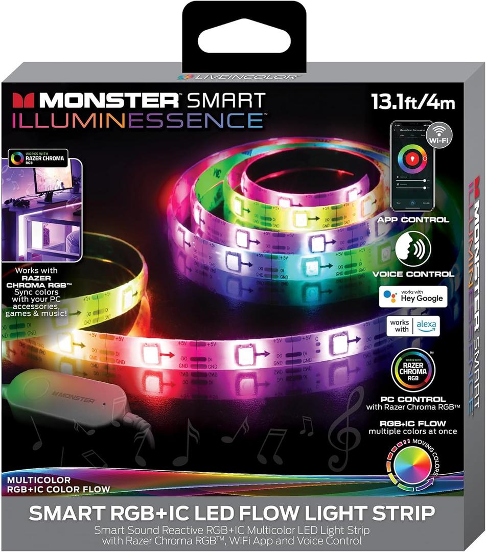 Monster 13.1ft Sound Reactive Multi-Color Color Flow LED Light Strip, Smart App & Voice Control, Easy Assembly