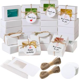 Zhanmai 100 White Set Small Soap Boxes for Homemade Soap 3.35 x 2.36 x 1.2 Inch with 100 Tags and Twines and Packaging Boxes with Window Gift Wrapping Supplies for Bakery Candy Cookies Party Favors