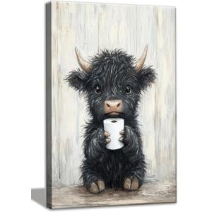 Highland Cow Wall art, Funny Farmhouse Cow Canvas Bathroom Wall Art Decor, Cute Black Cow Holding a Toilet Paper Roll Artwork Paintings for Bathroom Toilet Restroom Washroom Wall Decor 16x24''