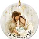 3 x Nativity Christmas Ornament 2025 - Joy to The World Round Ceramic Ornament for Xmas Decor - Holy Family with Baby Jesus Religious Ornaments - Catholic Christian Gift for Family & Friends