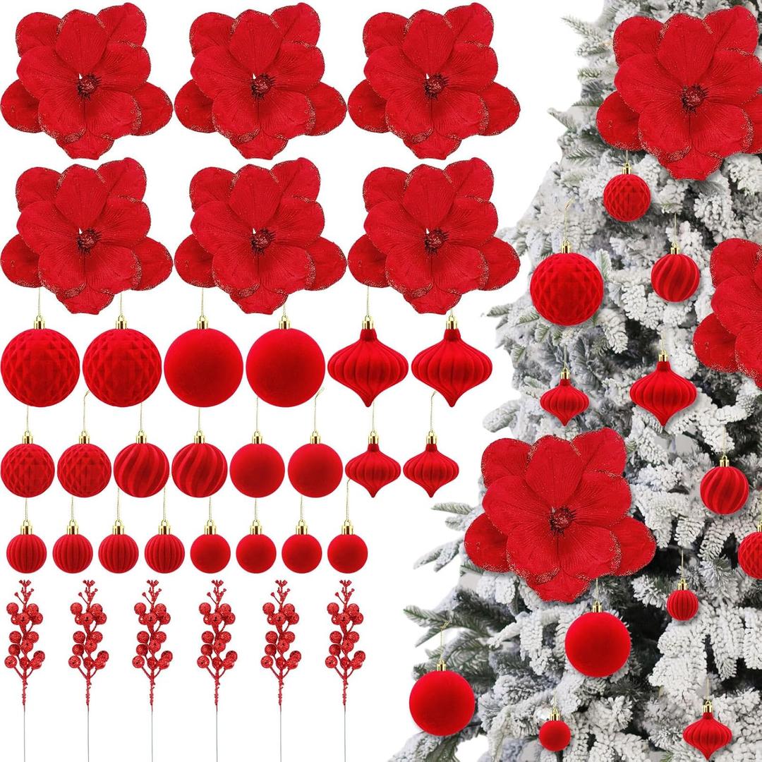 Kinlop 34 Pcs Red Christmas Tree Ornaments Set with Velvet Balls Artificial Poinsettias Flowers and Fake Berries, Christmas Tree Decoration Kit for Xmas Holiday Party Decoration