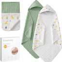 Hooded Baby Towels for Newborn, 2 Pack 36x36Inch Muslin Cotton Baby Bath Towel and 2 Pack 12x12Inch Washcloth Set with Hood for Babies, Toddler and Kids, Essentials Must Haves(Green and Deer)
