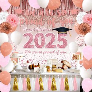 2025 Graduation Decorations Rose Gold Pink Graduation Party Decorations Set, Class of 2025 Backdrop, Banner, Foil Tassel Curtains, Paper Tassels, Balloons Party Supplies Party Favors