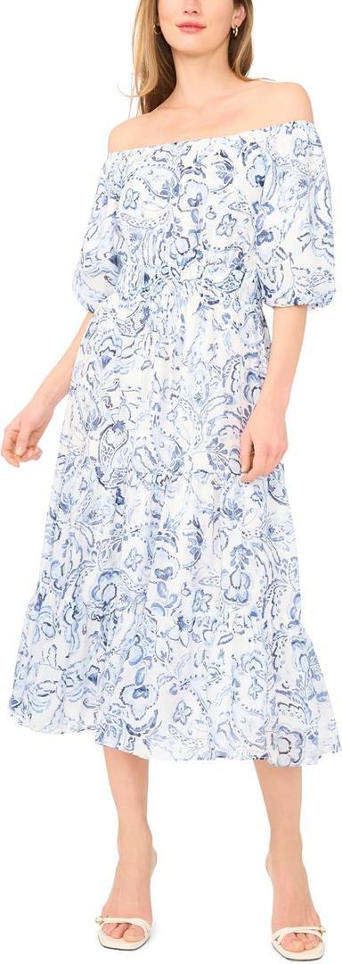 Vince Camuto Women's Off the Shoulder Puff Sleeve Smocked Waist Midi Dress (M)
