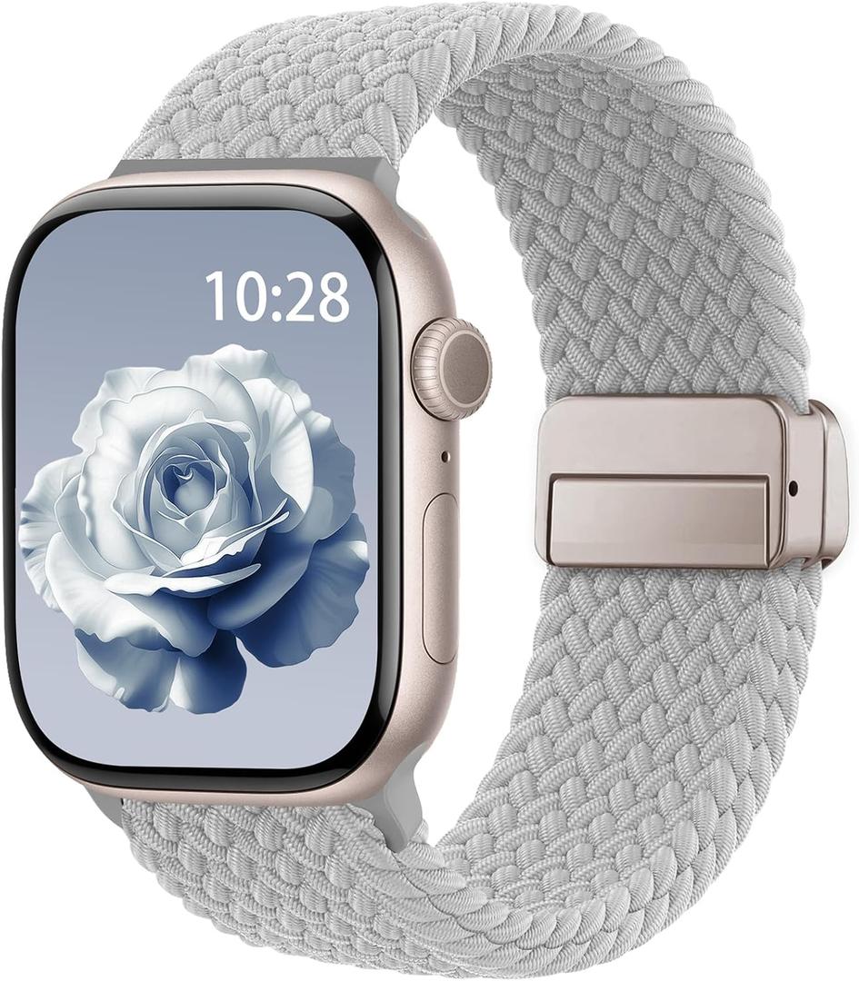 Braided Stretchy Band Compatible with Apple Watch Bands 38mm 40mm 41mm 42mm 44mm 45mm 46mm 49mm Women Men, Soft Nylon Solo Loop Magnetic Sport Strap for iWatch Series 10 9 8 7 6 5 4 3 2 1 SE Ultra (Gray)