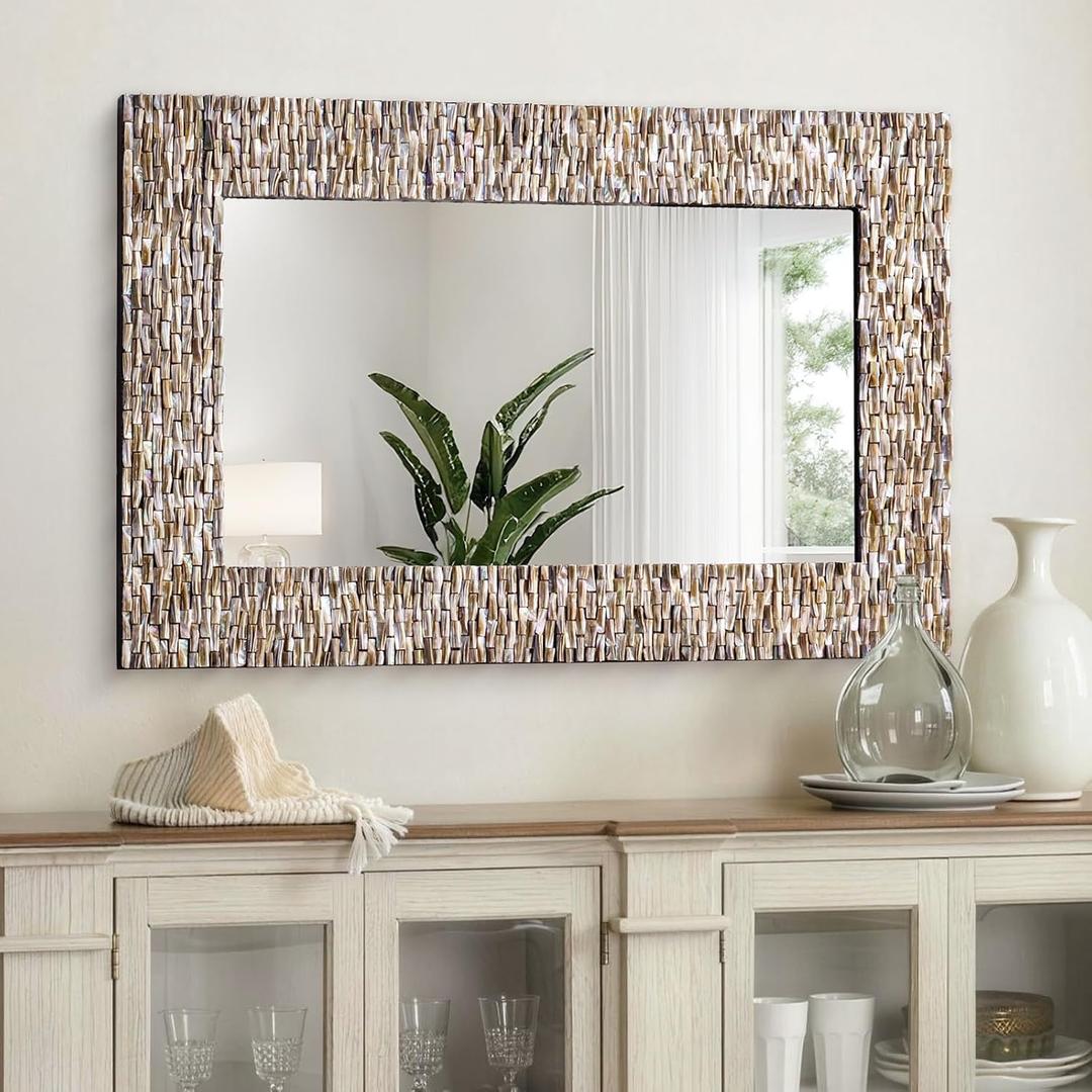 Costal Mosaic Mirrors for Wall, 36'' x 24'' Rectangle Capiz Shell Mirror for Bathroom Vanity, Modern Decorative Mirror with Handcrafted 3D Seashell Frame for Living Room, Dining Room, Entryway