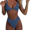 geluboao Bikini Set for Women Solid V Neck Knot Front Push Up High Leg Thong Two Piece Swimsuit (X-Small, Dark Blue)