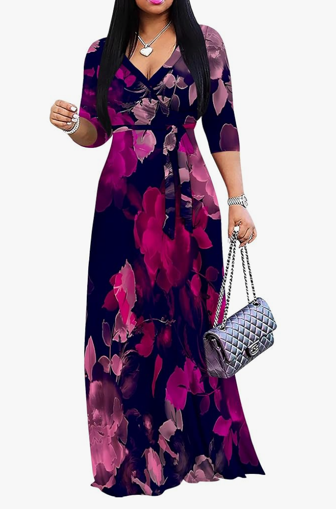 Plus Size Dresses for Women Floral Print Maxi Dress Flowy 3/4 Sleeve with Belt, 3XL
