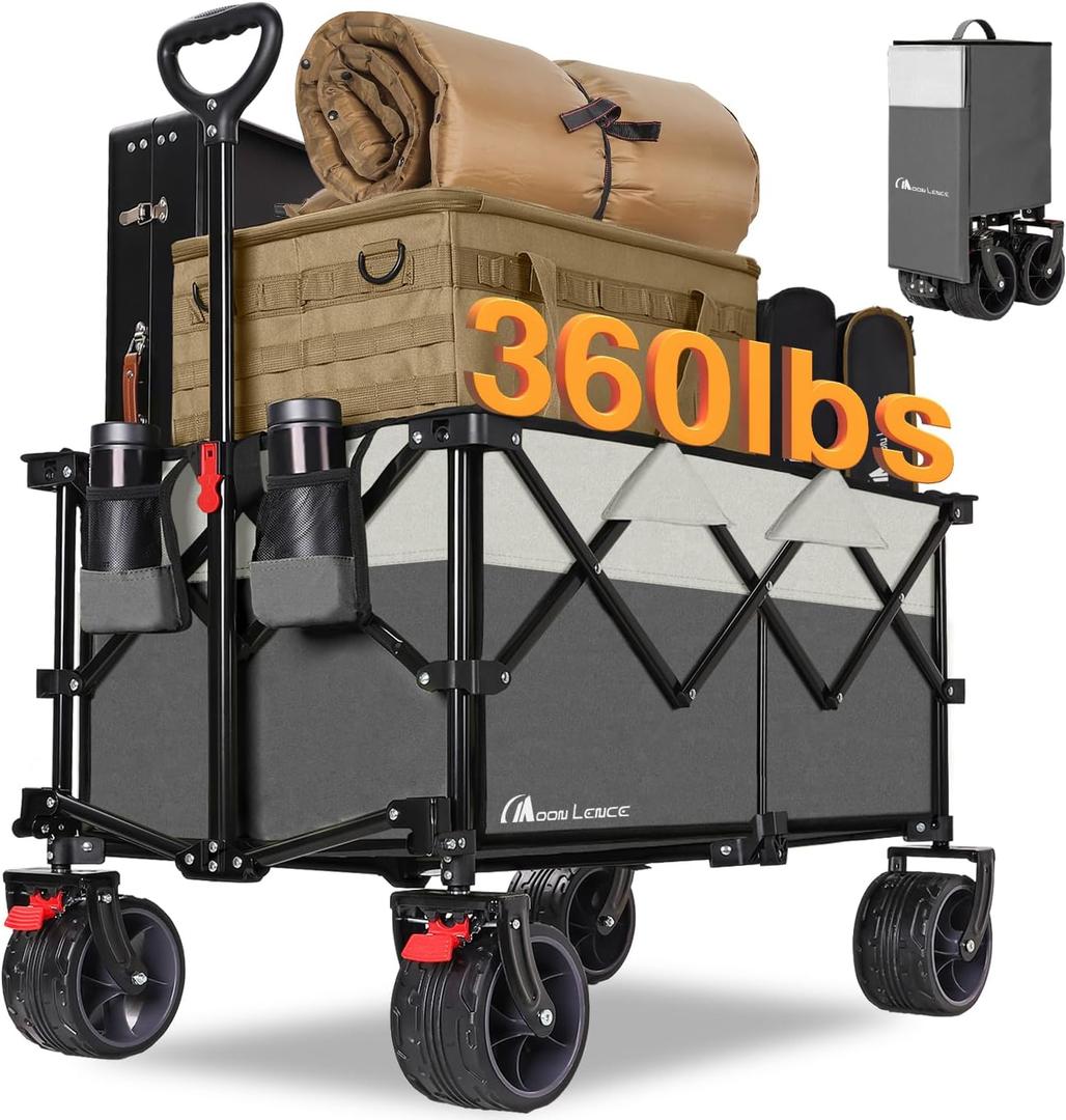 MOON LENCE Collapsible Foldable Wagon Cart, 220L Large Weight Capacity Folding Utility Wagon with All-Terrain Big Wheels, Utility Cart Wagon for Garden, Grocery, Shopping, Camping, Beach, Picnics (Gray & Ivory)