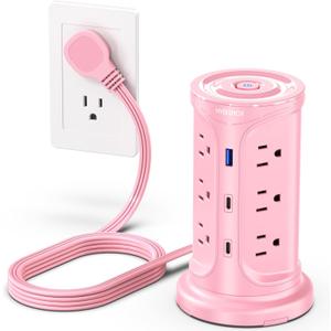 Tower Power Strip Surge Protector with 12 Outlets 3 USB Ports(2 Type C), 6.5 FT Ultra Flat Extension Cord with Multiple Outlets, Flat Plug Outlet Extender with Screw Wall Mount for Home Office Dorm