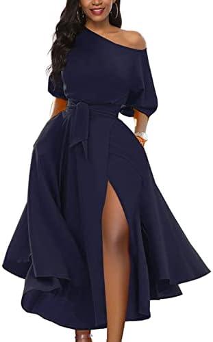 LILYIN Women’s Elegant Off Shoulder Short Sleeve Belted Side Slit Cocktail Party Swing Dress with Pockets XL