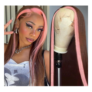 Pink & Brown Lace Front Wigs Pre Plucked Long Straight Wigs Glueless Pink Skunk Stripe Wig Wear and Go Wig Heat Resistant Fiber Hair Synthetic Lace Front Wigs for Black Women