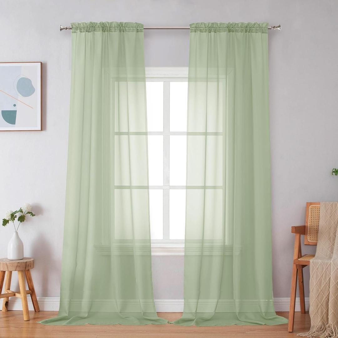 Simplebrand Light Green Sheer Curtains 96 Inches Long 2 Panels, Light Filtering Rod Pocket Solid Color Window Sheer Curtain Panels, Elegant Curtains & Drapes for Living Room, Bedroom, 42" W x 96" L