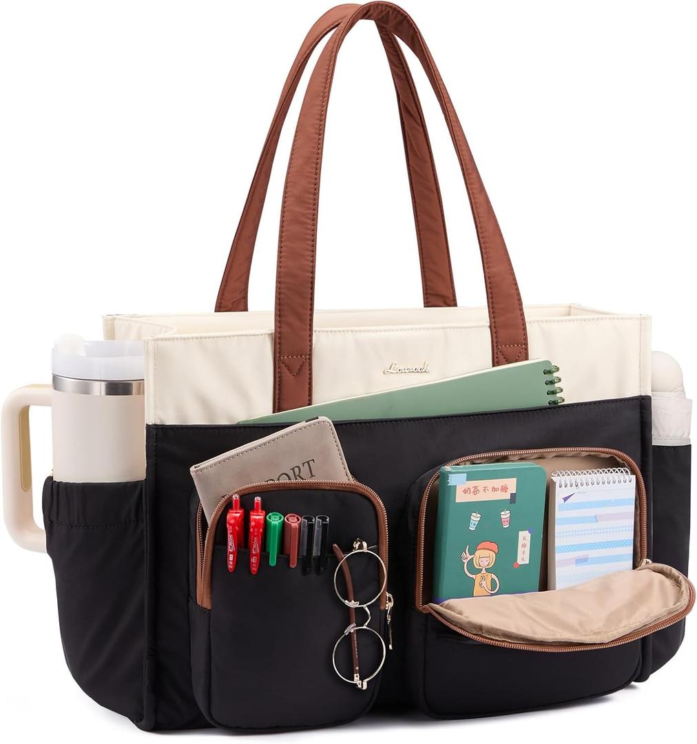 LOVEVOOK Teacher Tote Bag for Women,Multi-pocket Laptop Bag with Large Cup Holder,Nurse Bags Work Travel Computer Handbag (15.6 inch, Black Cream Brown)