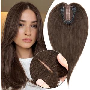 MY-LADY Human Hair Toppers for Women Real Human Hair Pieces Thin 8 * 10CM Silk Base with Lace Clip in Remy Hairpieces Hand-Tied Light Weight 10 Inch Dark Brown