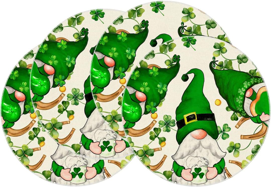 2 x XCHI Gnomes Green Shamrocks Clovers Horseshoes St. Patrick's Day Round Placemats Set of 4 Table Mats for Party Home Kitchen Dining Table Decorations 14x14 Inch