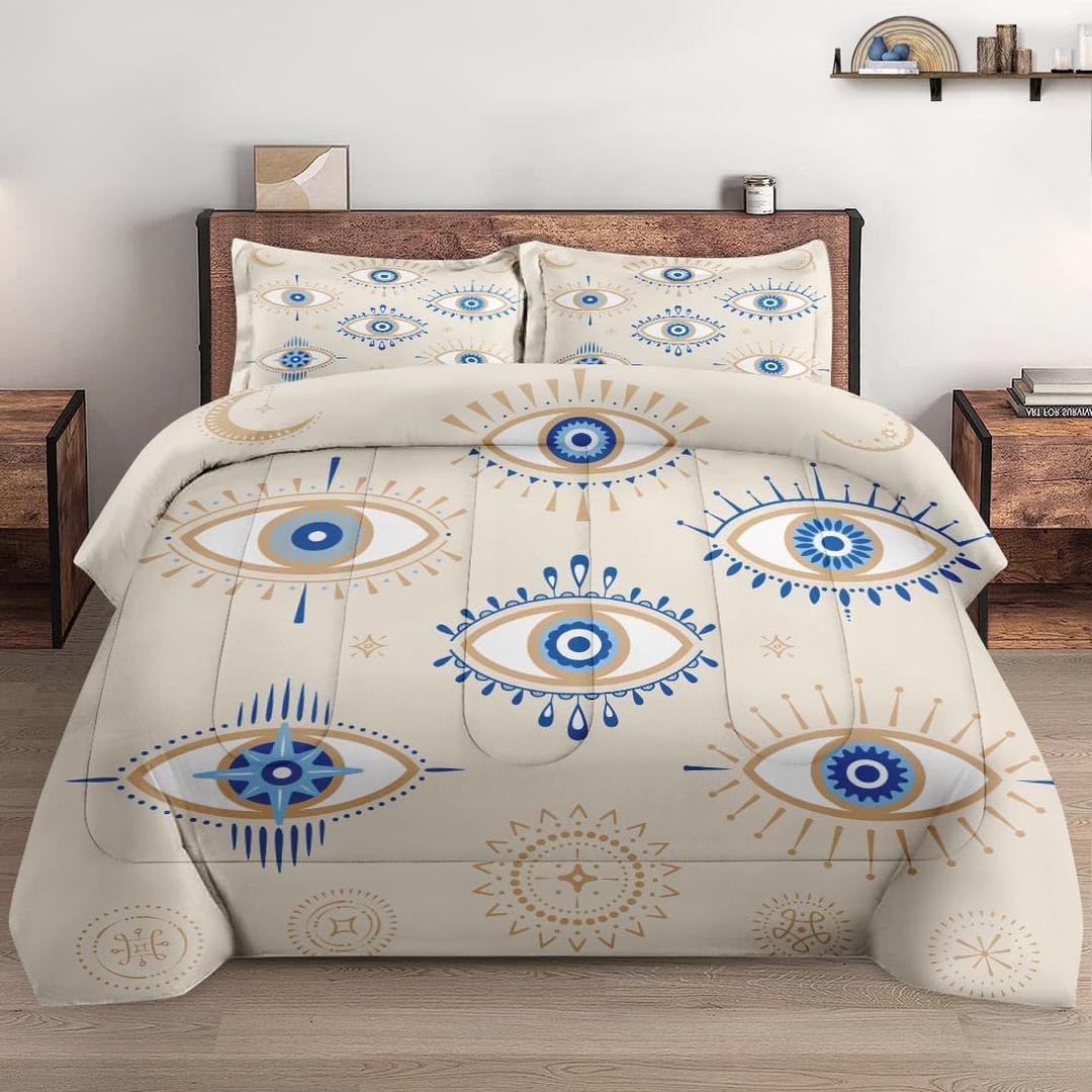 Queen Size Comforter Set with 2 Pillowcases, Bohemian Eye 3 Pcs Bedding for Kids and Adults, Blue Boho Soft Comforter Set for Bedroom Bed Decor (Evil Eye)