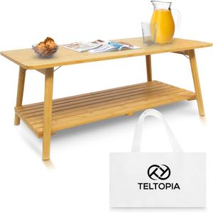 TelTopia Compact Folding Coffee Table Foldable Collapsible Bamboo Table for Small Living Rooms, Apartments & Dorms Portable with Removable Shelf & Bag, 38.5"D x 19.75"W x 15.25"H