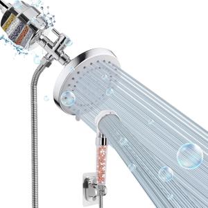 High Pressure 5 Setting Rain Shower Head Combo, HarJue Filter Shower Head, Dual Shower Head Set for Hard Water, Remove Chlorine Fluoride and Harmful Substances, Chrome (With Filter & Handheld)