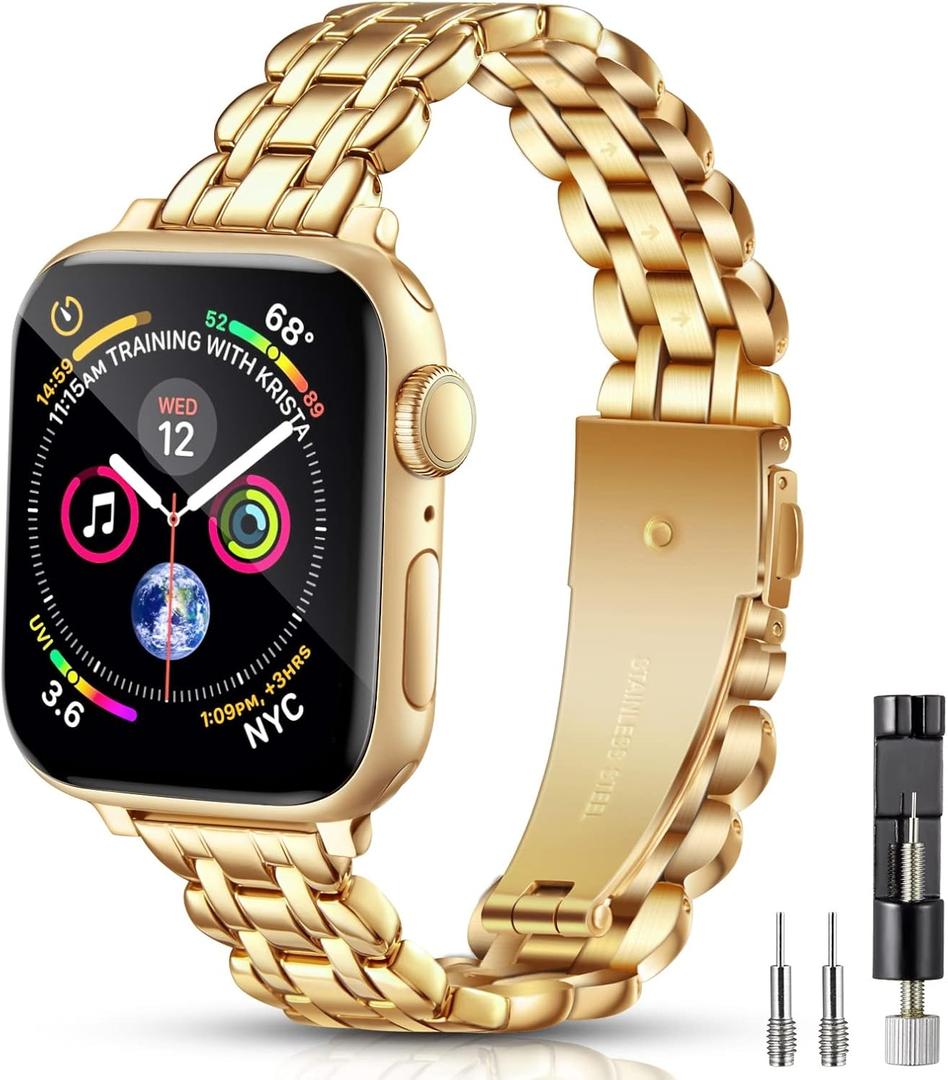 Watch Bands Compatible with Apple Watch Band 38mm 40mm 41mm 42mm 44mm 45mm Iwatch SE Series 8/7/6/5/4/3/2/1 Women Dressy Jewelry Stainless Steel Wristband Chain Strap Link, 38mm, 40mm, and 41mm