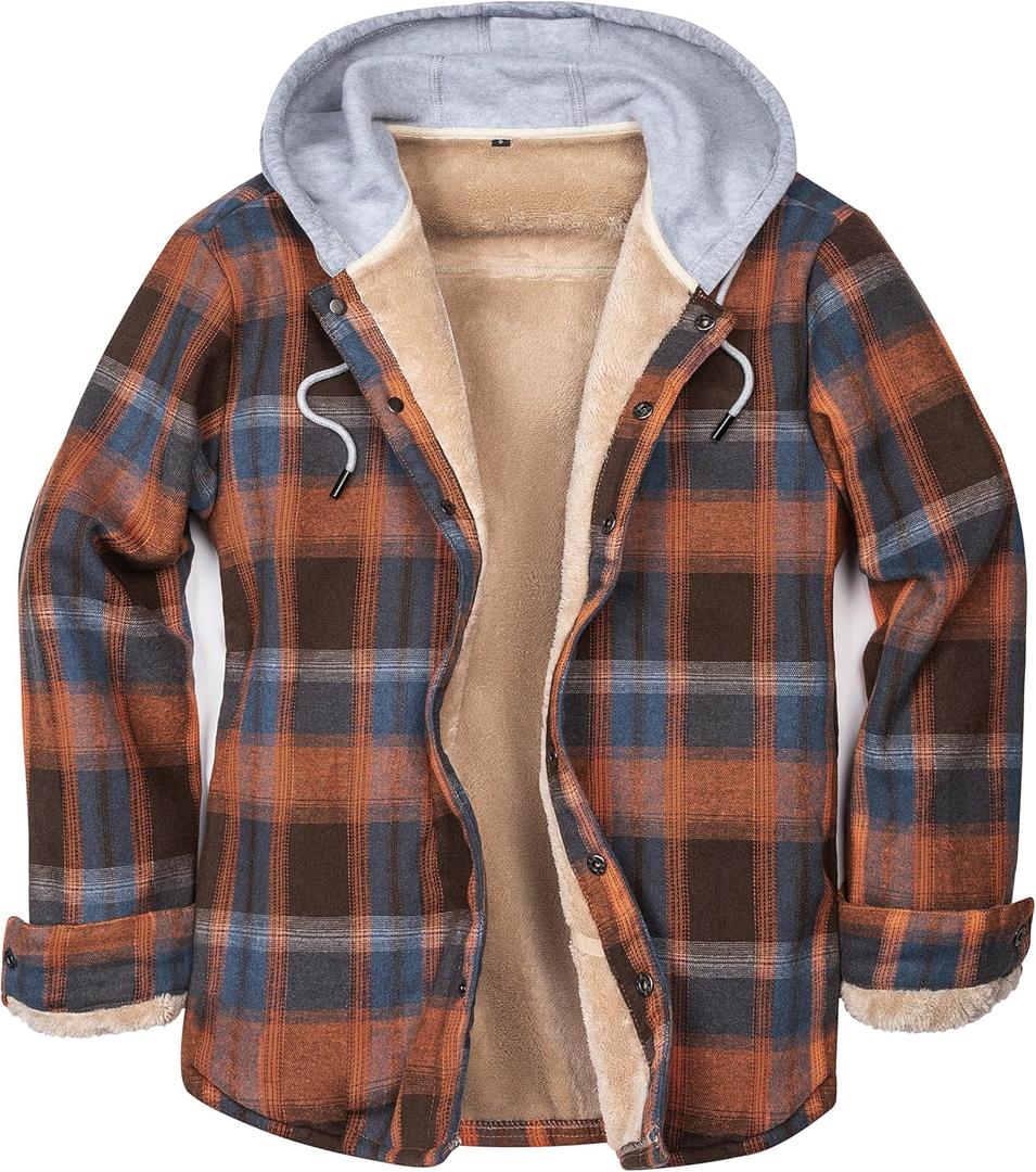 Men's Cotton Plaid Long Sleeve Shirts Jacket Fleece Lined Flannel Shirts Sherpa Button Down Coat with Hood (Large, Blue Orange Plaid)