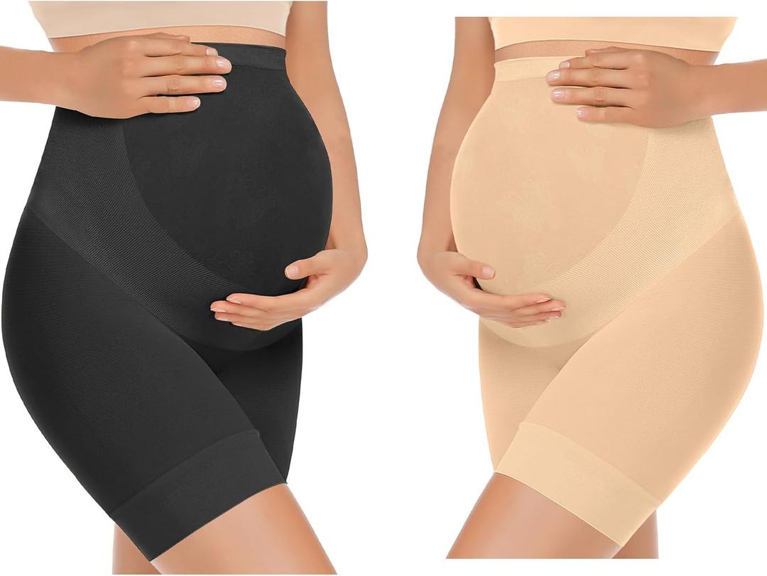 KIM S Shape Your Bump Seamless Maternity Shapewear for Dress, Pregnancy Postpartum Prevent Chafing Support-Underwear (Medium, E. 2 Pack(black+nude))
