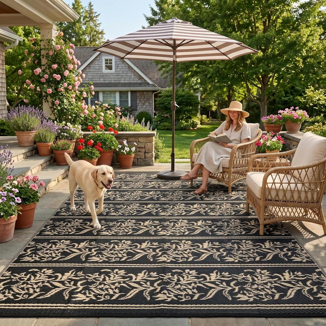 Garvee Outdoor Rugs 5x8 Waterproof Reversible Mat Boho Leaf Patio Rug with 4 Stakes and Starage Bag, Large Outdoor RV Mat Rugs for Camping, Picnic, Balcony, Deck, Backyard, Black & Brown