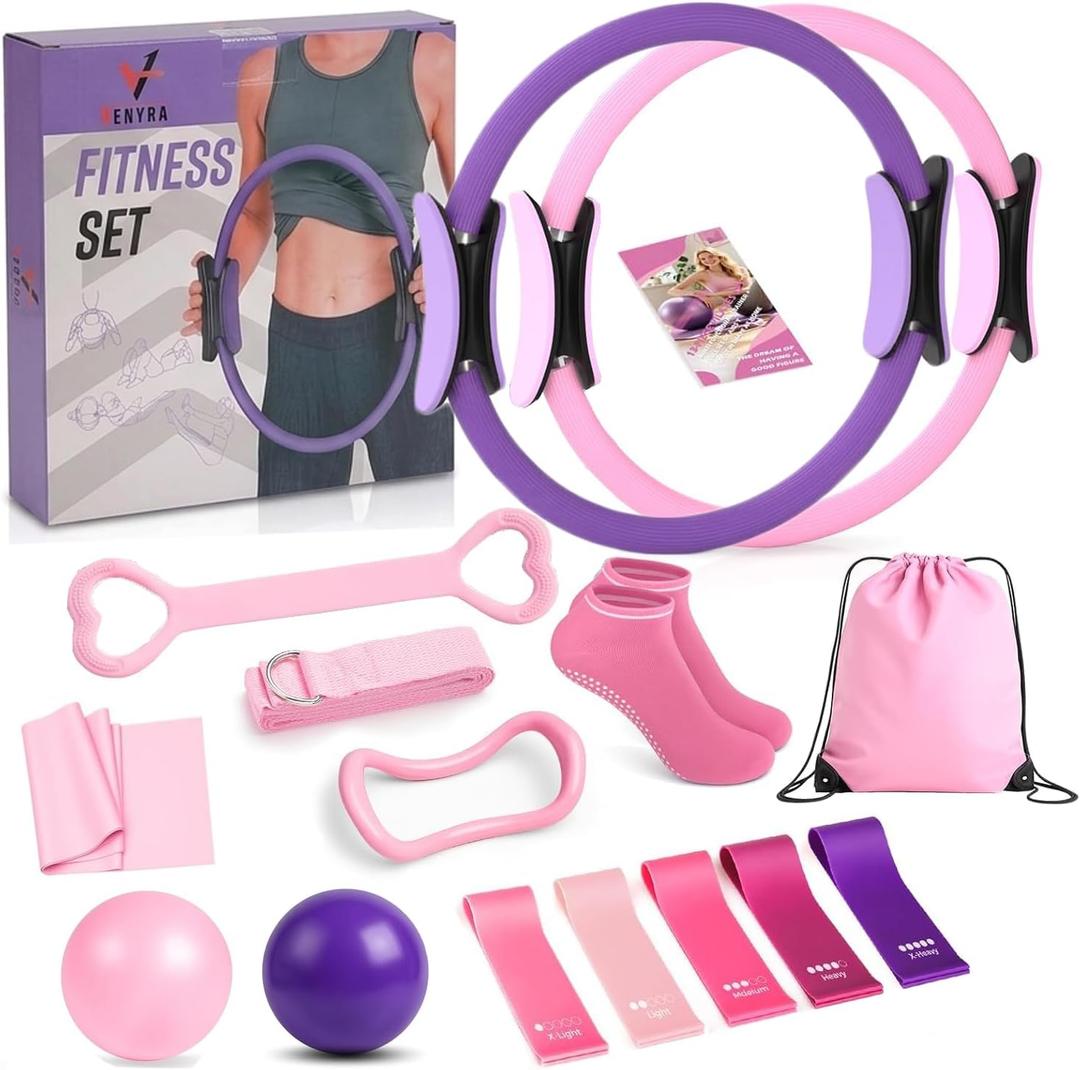 15PCS Pilates Ring and Ball Set -Home Pilates Kit with 14'' & 12'' Rings, 2 Pilates Ball and Ring Kit, Strap, Socks & 5-Level Resistance Bands, Essential Equipment Pilates Kit for Home Workouts