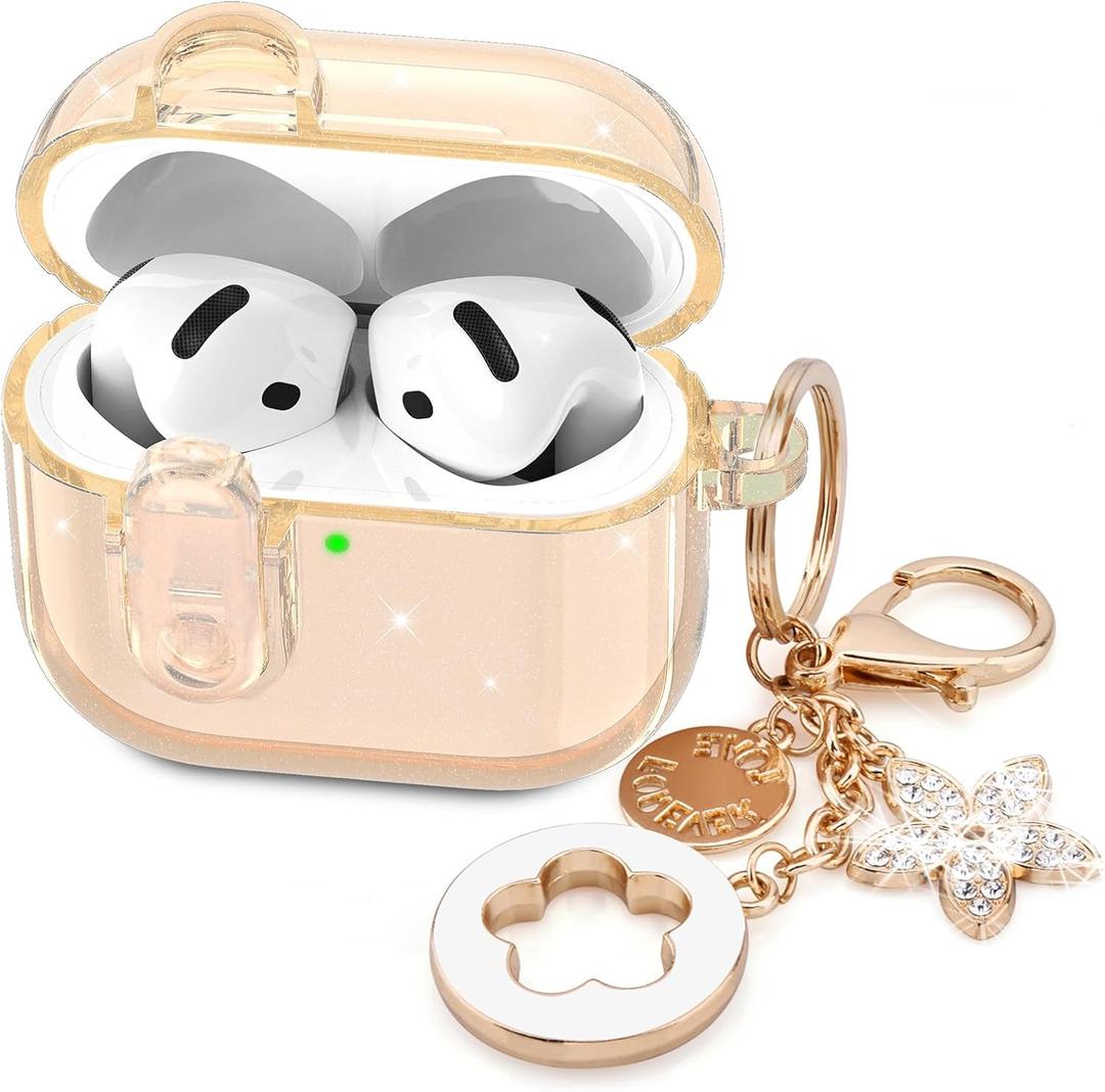 (with Safety Lock) VISOOM 2025 Clear Cases For Airpods iPods 4 Case Cover Women, Bling Airpod iPod 4 Case Soft 4th Gen Air Pods iPods Cases With Keychain for Apple Headphones Airpods4 Generation-Khaki