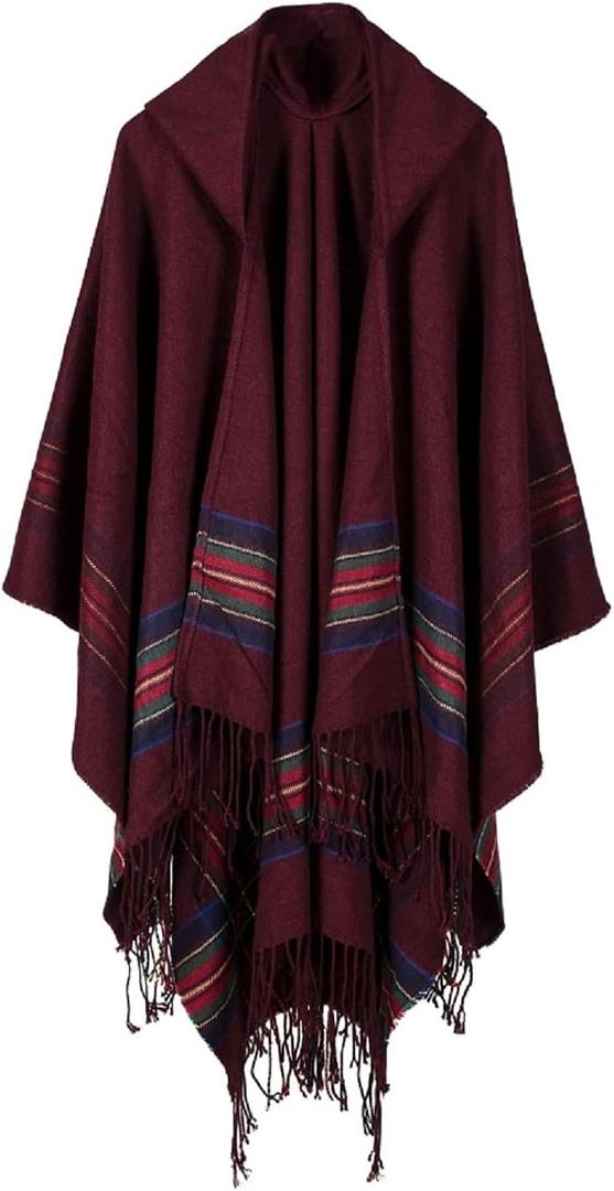 Bakerdani Poncho Capes with Hood Pashmina Cardigans Blanket Shawls with Tassels (One size:130*150cm, Wine Red)